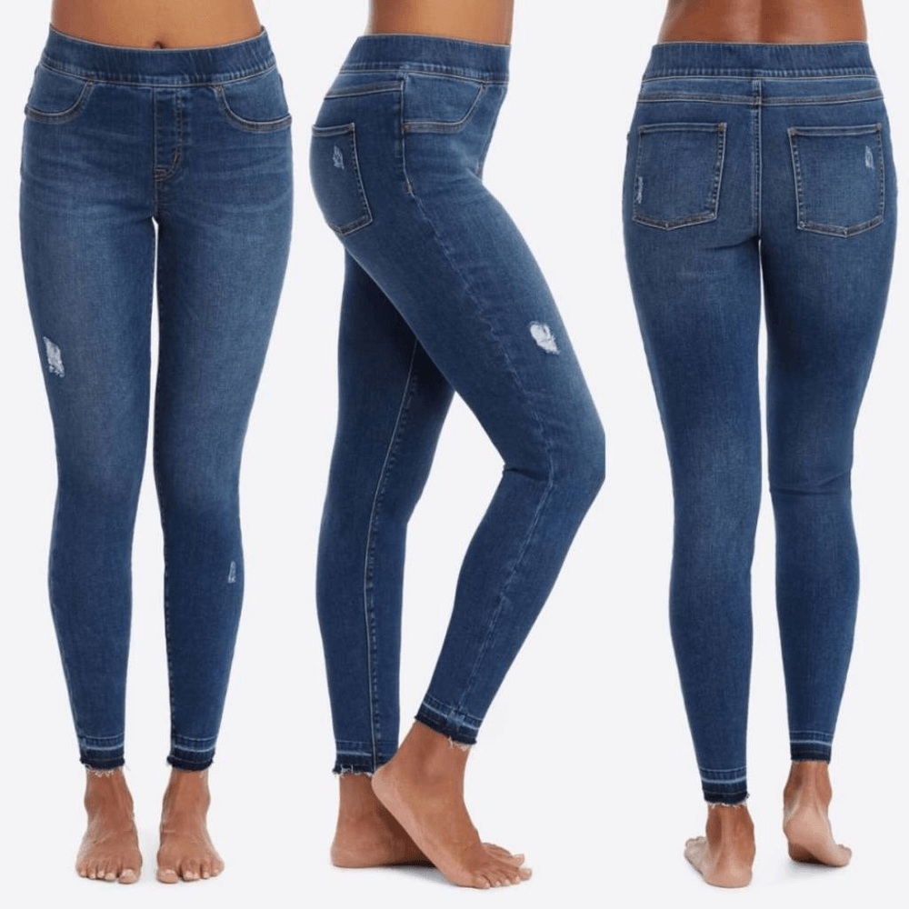 Spanx Distressed Ankle Skinny Jeans Pull On in Medium Wash size S